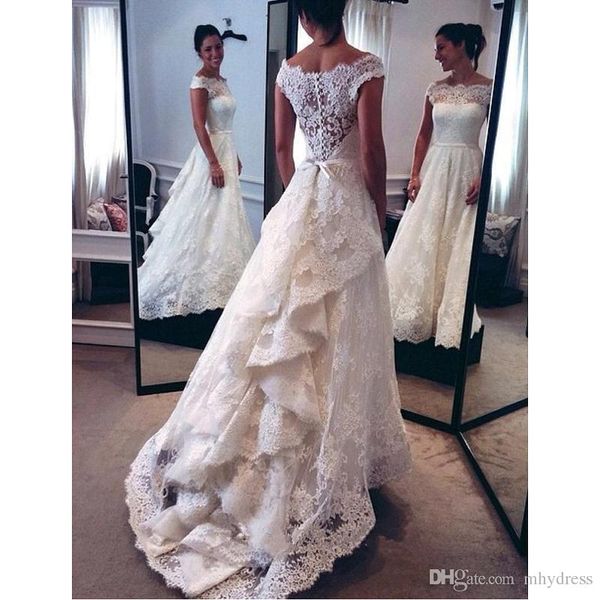 

lace high low wedding dresses 2019 fashion sheer cap sleeve custom made bridal gowns from china vestido de noiva com renda, White
