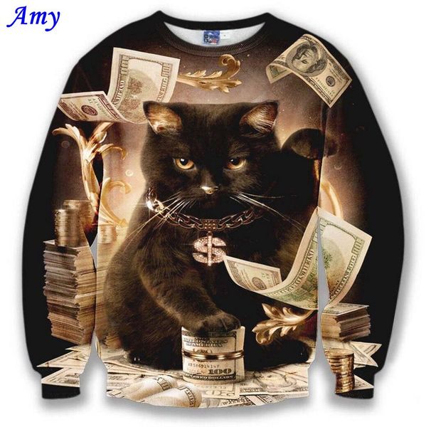 

wholesale-[amy] nice model hoodies for men/women 3d sweatshirt funny print big dollars cat and golden flowers sports hoodies autumn, Black