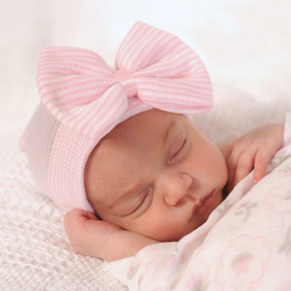 Новорожденный ребенок крючок шляпа с большим бантом Cute Baby Girl трикотажной полоской Caps Осень Зима Теплым Хлопок Cap IC777