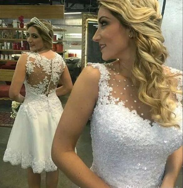 

vintage 2021 a line short wedding dresses with illusion sheer jewel lace applique beaded ball tulle bridal gowns custom made, White