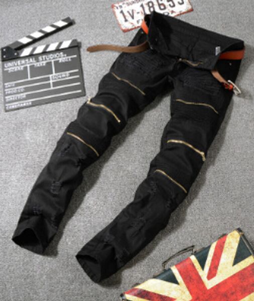 

mens jeans ripped pencil pants men fashion slim fit black white red zippers design trousers, Blue