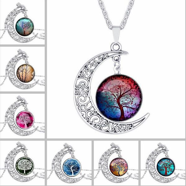 Silber Baum des Lebens Zeit Edelstein Cabochon Halskette Mond Sonne Stammbaum Glas Anhänger Schöner Schmuck Mithelfer Geschenk Mädchen