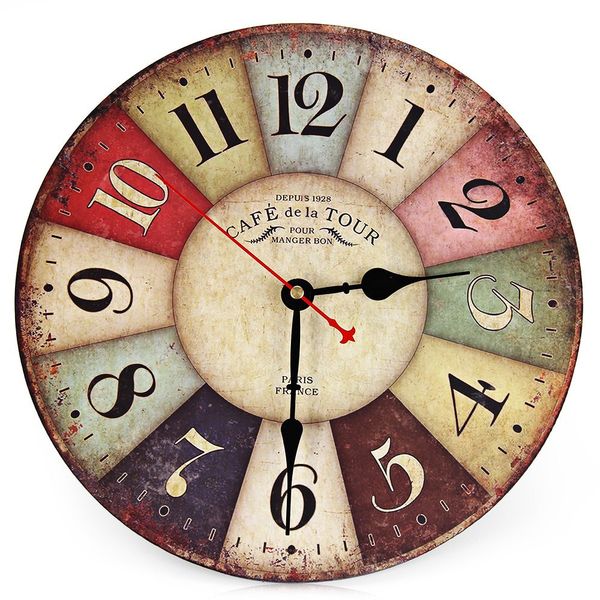 

wholesale- 2016 artistic silent retro creative european style round colorful vintage rustic decorative antique wooden home wall clock 30cm