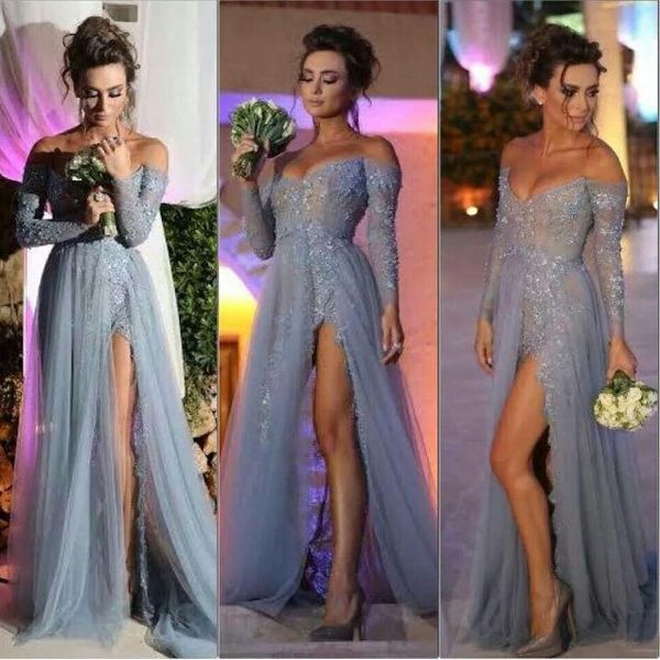 

long sleeve off shoulder tulle lace evening dress sweep train applique a-line grey formal prom gowns with side slit, Black;red
