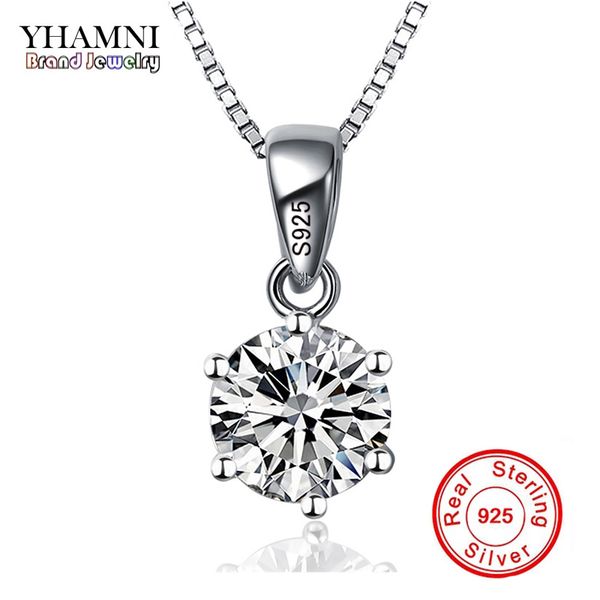 

YHAMNI мода 6 когти роскошные CZ ожерелье с 1ct 6 мм кубического циркония стерлингового