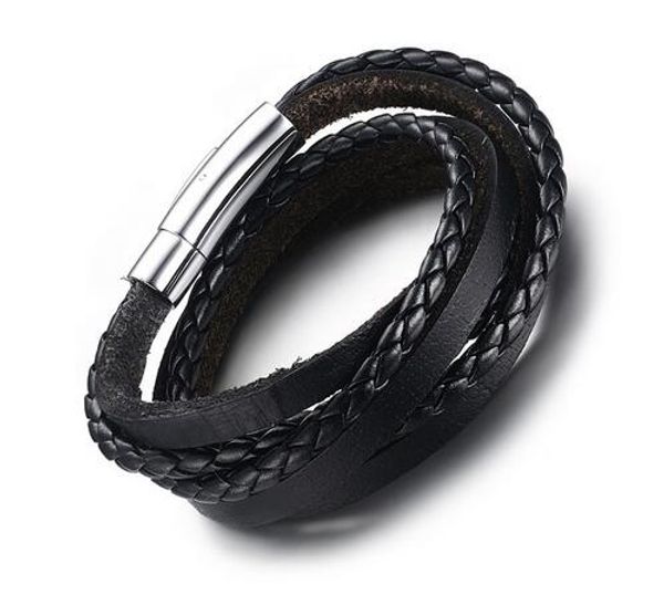 

fashion new hand-made mens black braided real leather bracelet multi-strand genuine leather wristband rope woven bracelets men, Silver