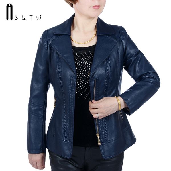 

wholesale- asltw -6xl 5 colors leather jacket women new fashion plus size solid zipper jacket turn down long sleeve faux leather coat, Black
