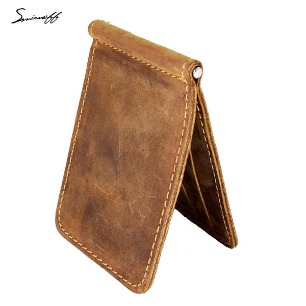 

smirnoff men purse money clip with metal clamp genuine leather wallet 2 folded open clamp for money rouble note wallet male, Black