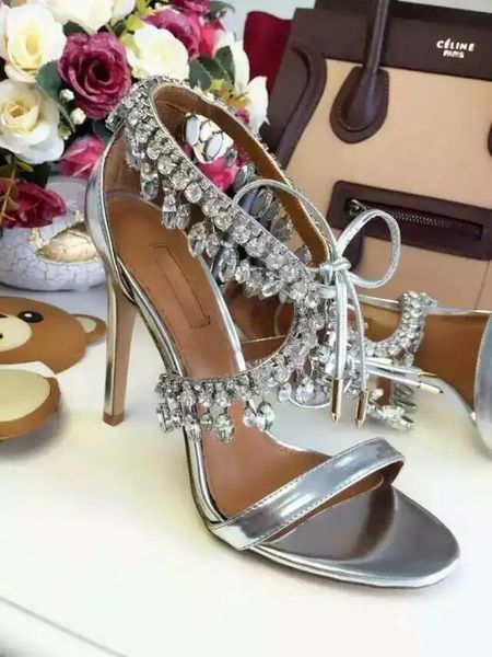 

Aquazzura Milla Jewelled Sandals silver black nude leather suede strap crystal tassel sandals stiletto heel lace up brand shoes women