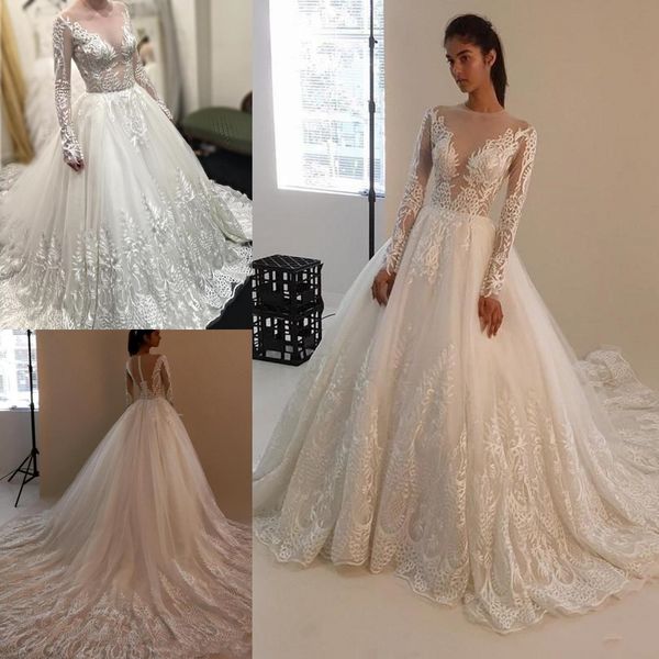 Zuhair Murad Abito da ballo in pizzo Abiti da sposa con maniche lunghe Sexy Girocollo trasparente Elegante abito da sposa con applicazioni Corte dei treni Cerniera sul retro