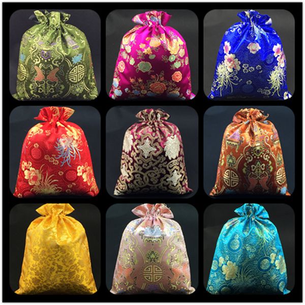 

luxury floral chinese silk brocade pouch bag for shoes travel storage bag drawstring decorating gift bags shoe dust cover 50pcs/lot