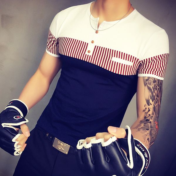 

wholesale-2016 summer fashion brand menswear patchwork short sleeve t shirt men casual v neck botton luxury cotton undershirt homme 5xl, White;black