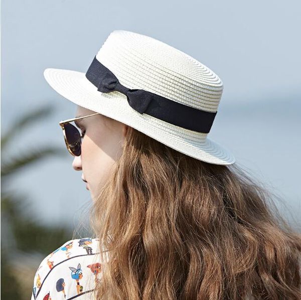 

women's straw sun hats flat travel holiday style beach hats black bowknot middle brim boaters casual ears, Blue;gray
