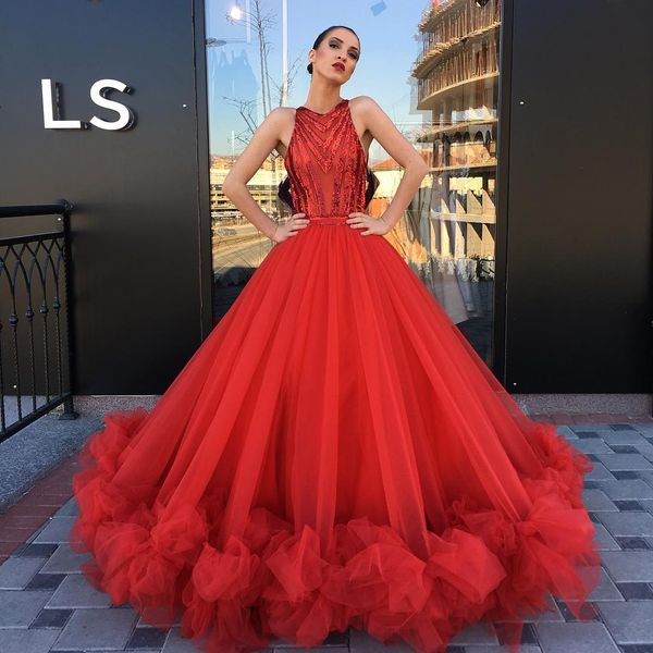 

shining red beaded ball gown quinceanera dresses jewel neckline prom gowns ruffled floor length tulle sweet 16 dress, Blue;red
