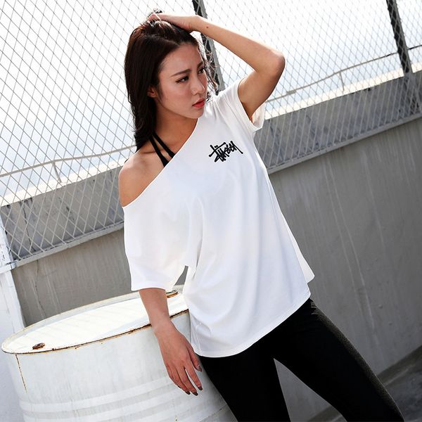 

loose fitness quick women short t sports gym off-shoulder yoga sleeve dry running letter shirt printed uohop, Black