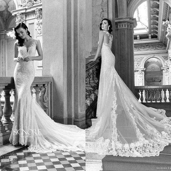 

2018 великолепная русалка свадебные платья vestidos de noiva прозрачная шея аппликация кружева часовня поезд свадебные платья, White