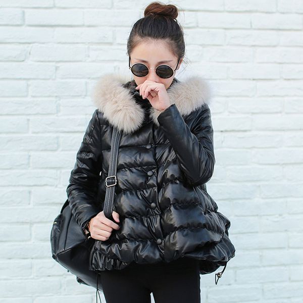 Wholesale-Plus Size 2016 Korean Fashion Winter Women Cotton Coat A-line Cute Thick Real  Fur Collar Warm Jacket PU Parkas AE281