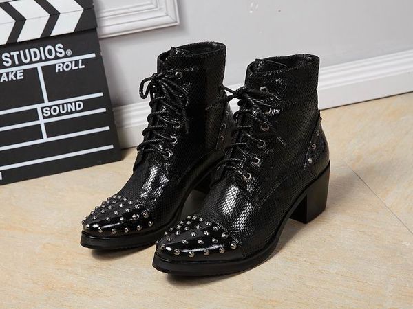 

trend new luxury black high men leather shoes fashion lace up rivets charm height increasing short ankle boot for man show