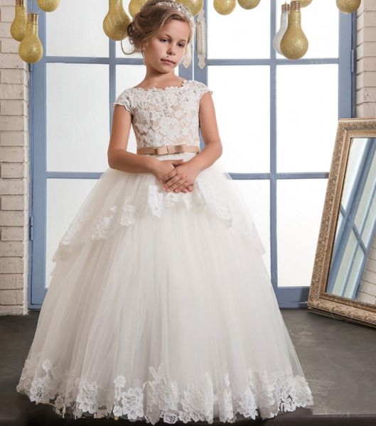 

Vintage lace puffy flower girl dre e for wedding ivory tulle champagne bow over kirt floor length fir t communion dre 2017