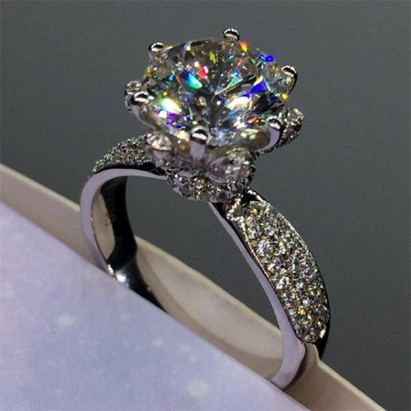 

vintage flower type 100% solid 925 sterling silver ring luxury 2ct diamond rings finger engagement wedding eternal band ring for women, Slivery;golden