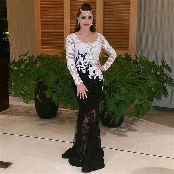 

white and black mermaid evening dresses long sleeve arabic dubai style myriam fares lace vestidos de festa celebrity prom gowns, Black;red