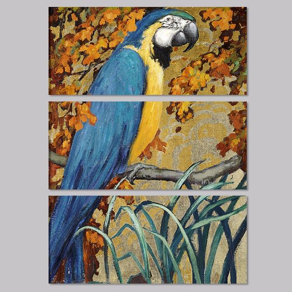 

большой размер 3 шт. украшения синий желтый попугай лес птицы стены искусства картина дерево красочные холст для гостиной без рамы