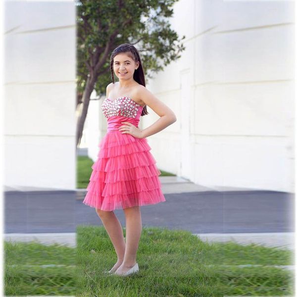

2019 Hot Pink Knee Length Tiered Prom Dresses Bat Mitzvah Dress Sweetheat Beaded Crystals Ruffles Girl Graduation Party Gowns free shippng