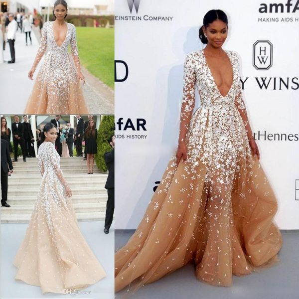 

2019 Zuhair Murad V neck A Line Tulle Evening Dress Floor Lenght Prom Gowns Crystal Applique Illusion Applique Long Sleeve prom Gown