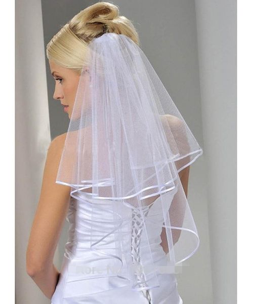2019 frete grátis vestidos de casamento véu com pente cotovelo comprimento dois camadas borda de fita véus de casamento acessórios de casamento nova chegada