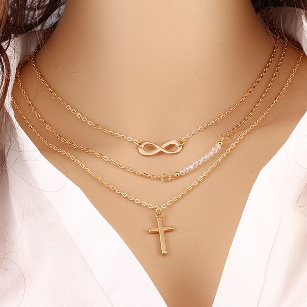 

selling temperament multilayer metal cross choker necklace fell 8 collarbone chain anti-allergy necklace factory price ing