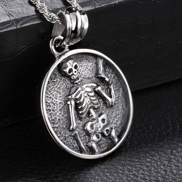 

father's day's gift casting 316l stainless steel men's biker skull skeleton charming round pendant thanksgiving, Silver