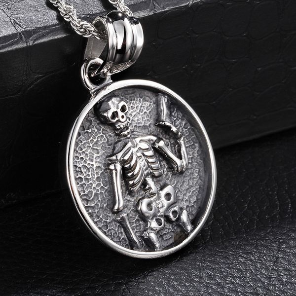 

father's day's gift casting 316l stainless steel men's biker skull skeleton charming round pendant thanksgiving, Silver