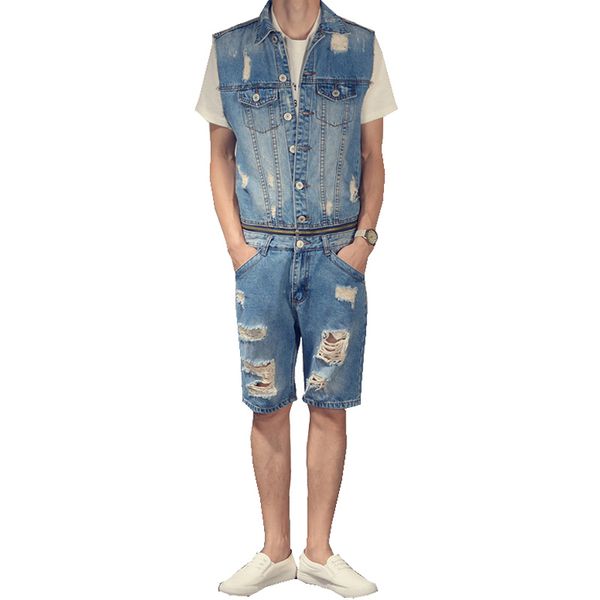 

wholesale-men's summer casual knee length overalls fashion holes ripped denim jeans sleeveless jumpsuits, Blue