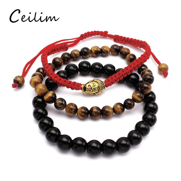 

new fashion jewelry 3 piece/set buddha chakra bracelet for women 6mm tiger-eye & 8mm black stone bead charm yoga bracelet wholesaler 2017