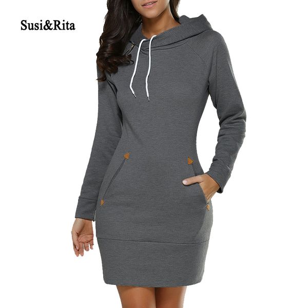 

wholesale- susi&rita 2017 autumn hooded dresses women pocket long sleeve mini hoodie dress plus size winter casual clothings vestidos, White;black