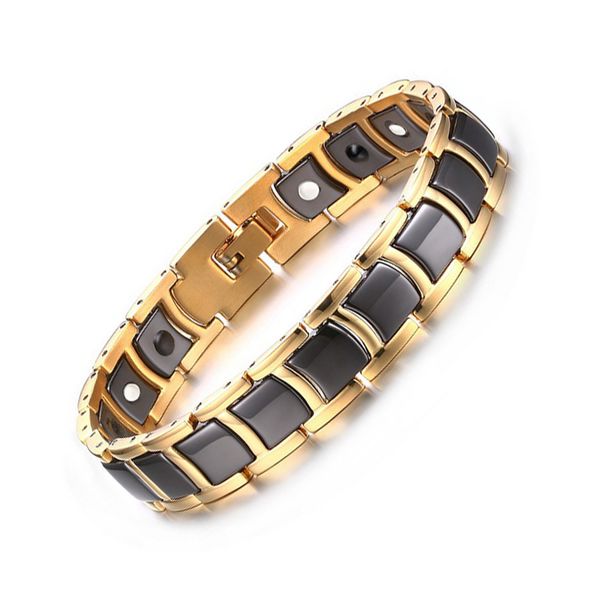 

21.3cm mens health energy high polished black ceramic bio magnetic germanium bracelets gold color stainless steel jewelry mens gift b847s