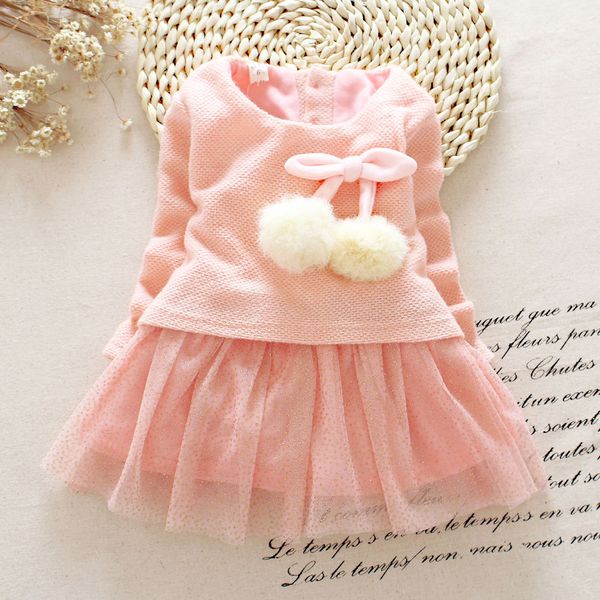 

Wholesale- 2016 Newborn Baby Girls Dress Knit Tops Lace Bowknot Dresses Kids Autumn Spring Clothing 0-24M, Gray