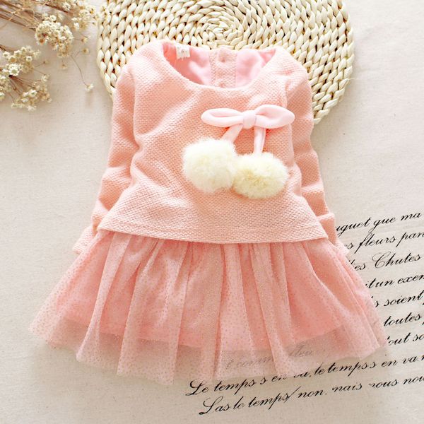 Wholesale- 2016 Newborn Baby Girls Dress Knit Tops Lace Bowknot Dresses Kids Autumn Spring Clothing 0-24M