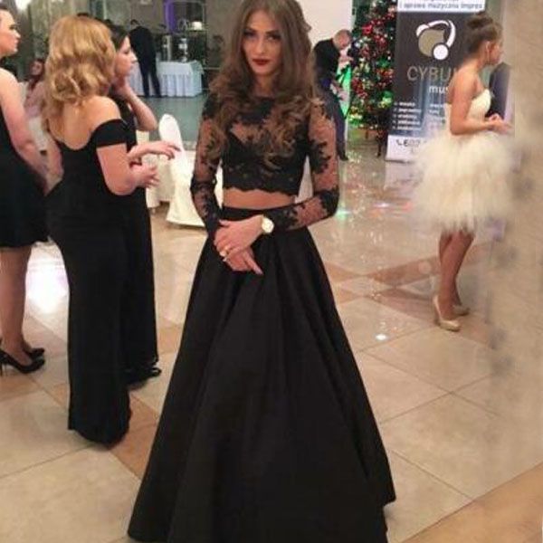 

fashion two pieces prom dresses illusion bodice sheer crop long sleeves lace appliqued evening party gowns floor length black
