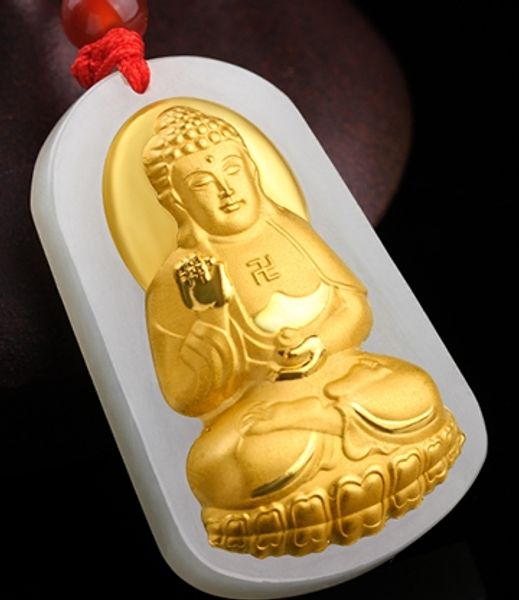 

gold inlaid jade amitabha buddha (protector). talisman necklace pendant., Silver