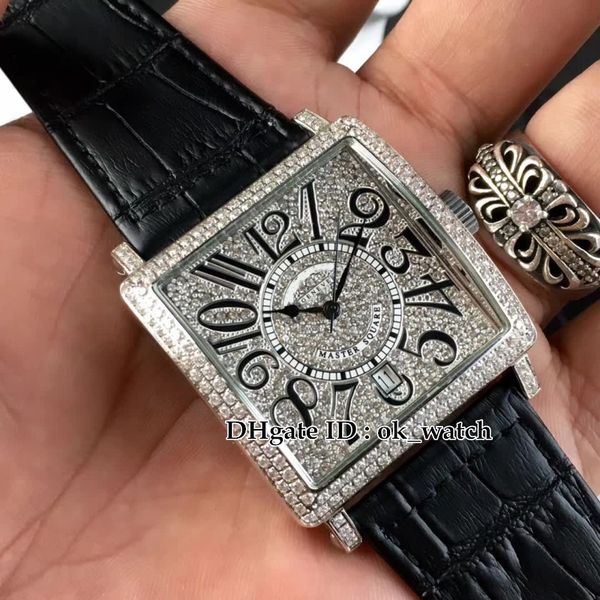 Dial de alta qualidade novo mestre Praça 6002 M QZ V Automatic Mens Watch Diamond / Couro moldura Gents Relógios Prata Caso Preto Strap