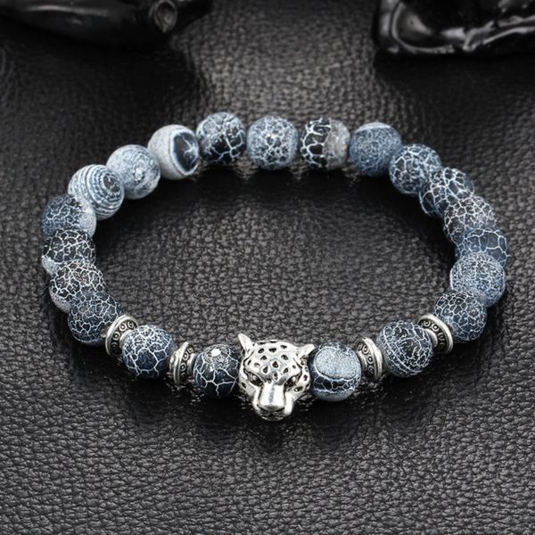 Großhandels-Großhandelsantike versilberte Buddha-Leopardenkopf-Armband-Lava-Naturstein-wulstige Armbänder für Männer Frauen Pulseras Hombre