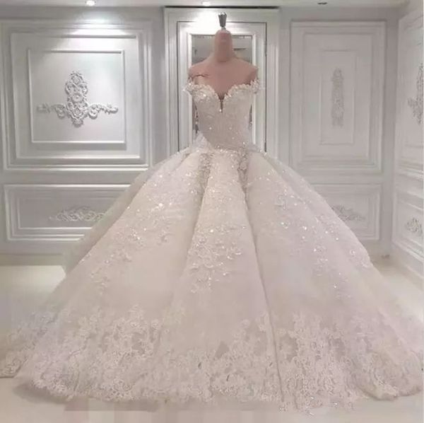 

luxury lace ball gown wedding dresses with detachable train arabic dubai off shoulder bling crystal bridal gowns plus size, White