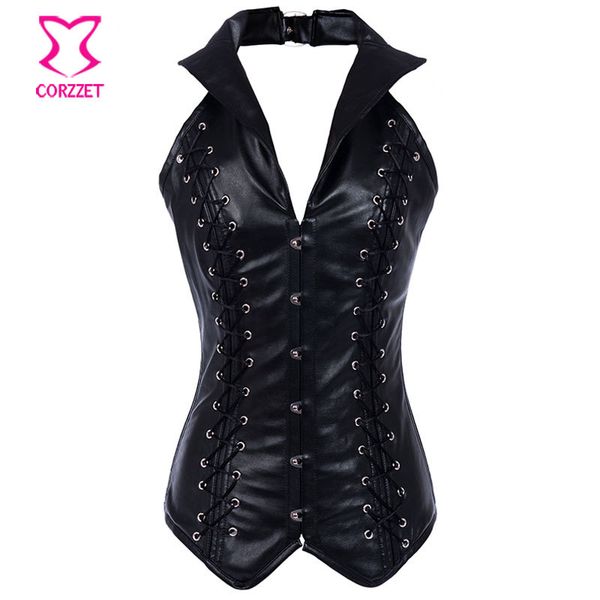 

wholesale-halter black leather corset bustier steampunk gothique steel boned corsets plus size espartilhos e corpetes emagrecimento, Black;white