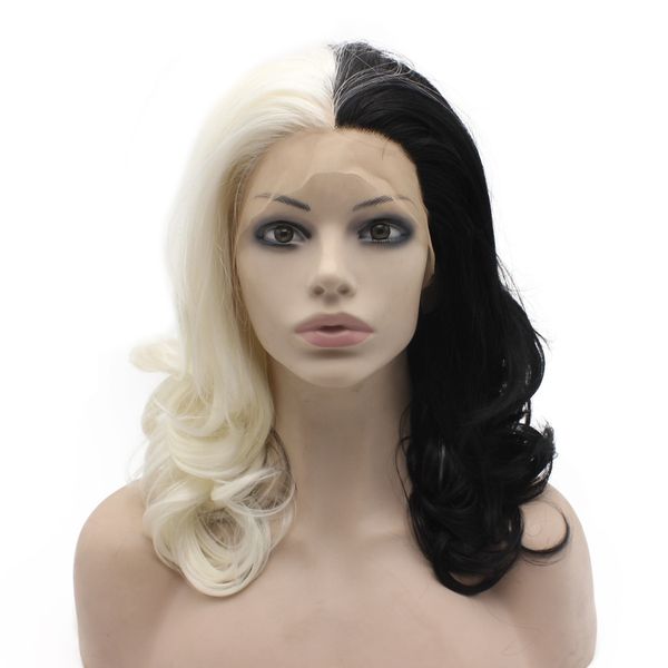 

16inch medium long wavy half white black two tone lace front synthetic wig