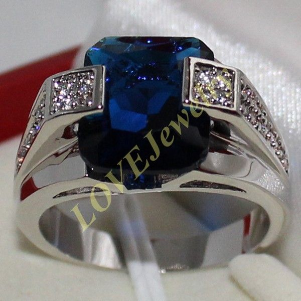 

Men's 925 Silver Blue Sapphire CZ Gem Stone Emerald-cut Ring