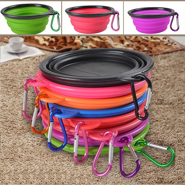 

portable silicone collapsible dog bowl cat puppy pet feeding travel bowl with carabiner easy carry pet food bowl feeder dish with hook
