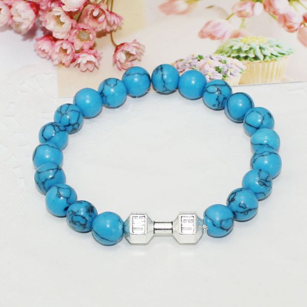 

new design men's gift jewelry 8mm beads with alloy metal fitness fashion dumbbell charm bracelets ing, Golden;silver