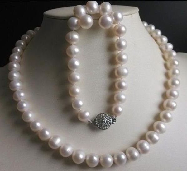 

9-10mm natural white pearl necklace 18 inch 925 silver clasp bracelet earrings