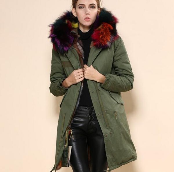 Nova chegada multicolour pele lona guarnição mulheres parka casacos Meifeng marca multicolour pele de coelho revestimento do exército parkas longos verdes